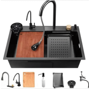 Waterfall Kitchen Sink 75×45 – Complete Set with All Accessories